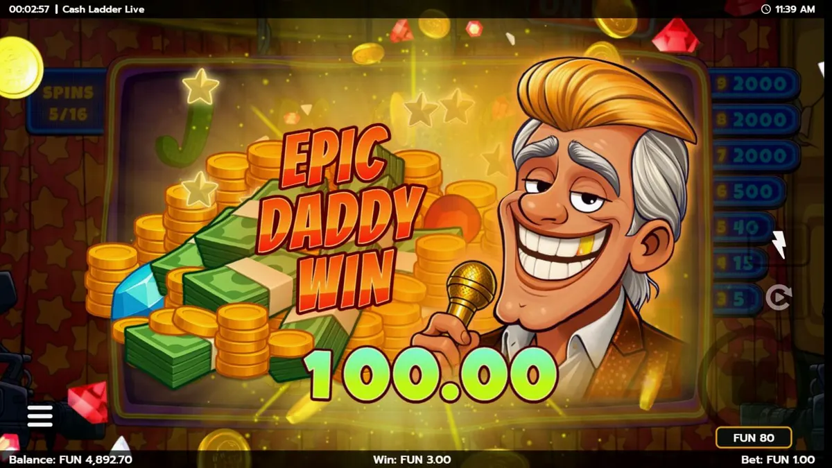 Tampilan antarmuka game slot Cash Ladder Live pada layar ponsel pintar dengan latar belakang studio televisi yang glamor.