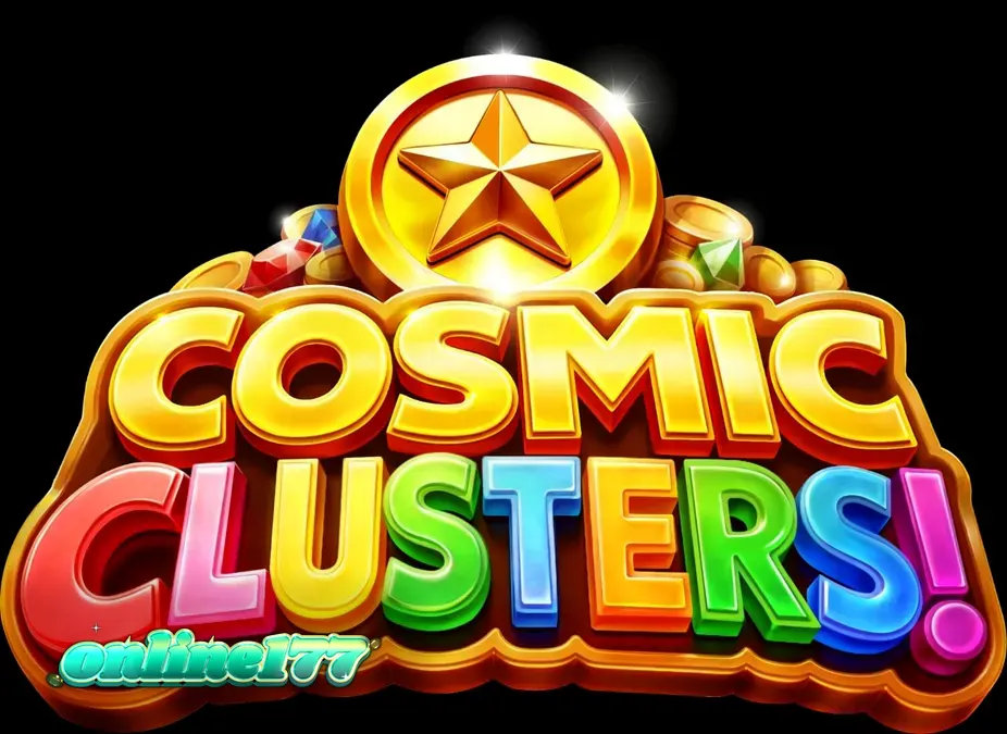 Tampilan visual slot Cosmic Clusters dengan tema neon galaksi dan simbol permata